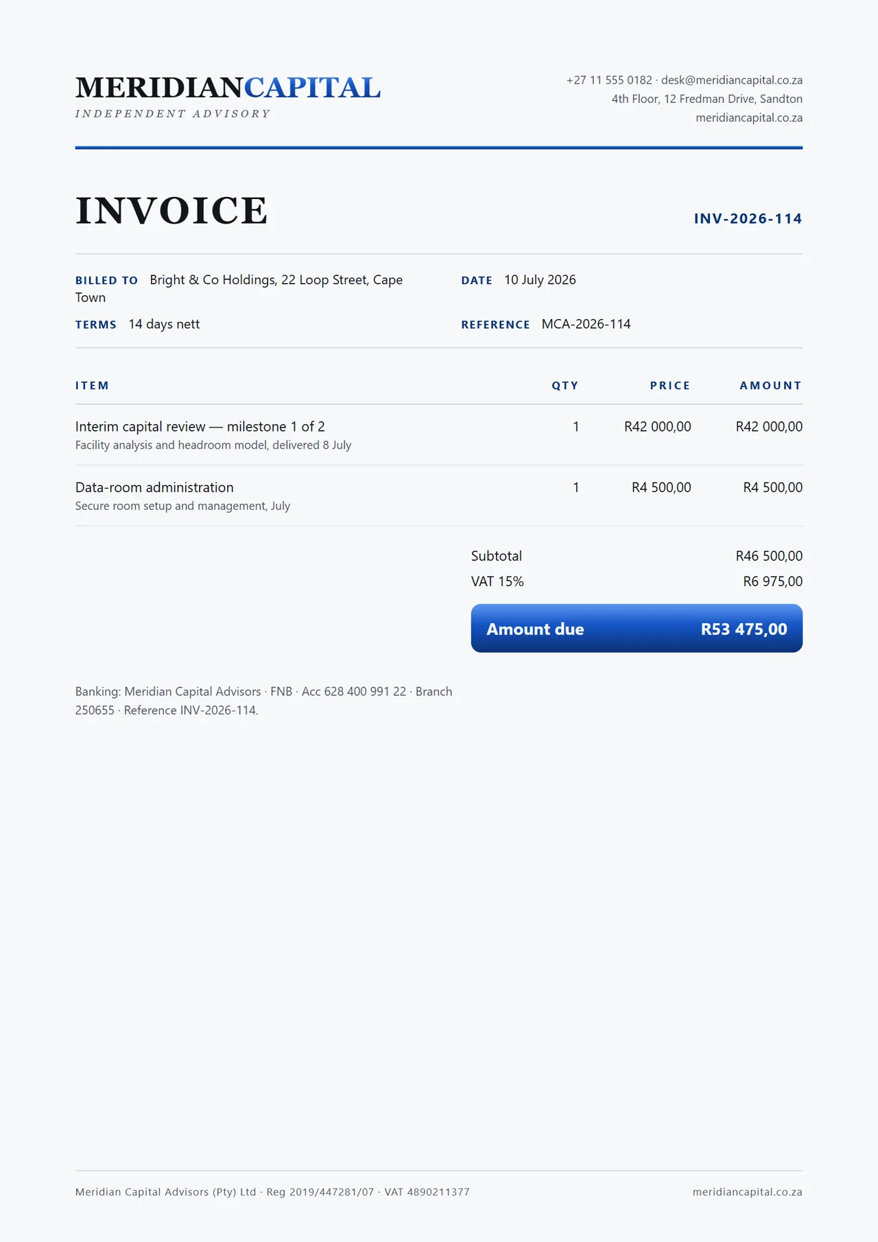 The invoice — totals computed, never typo’d