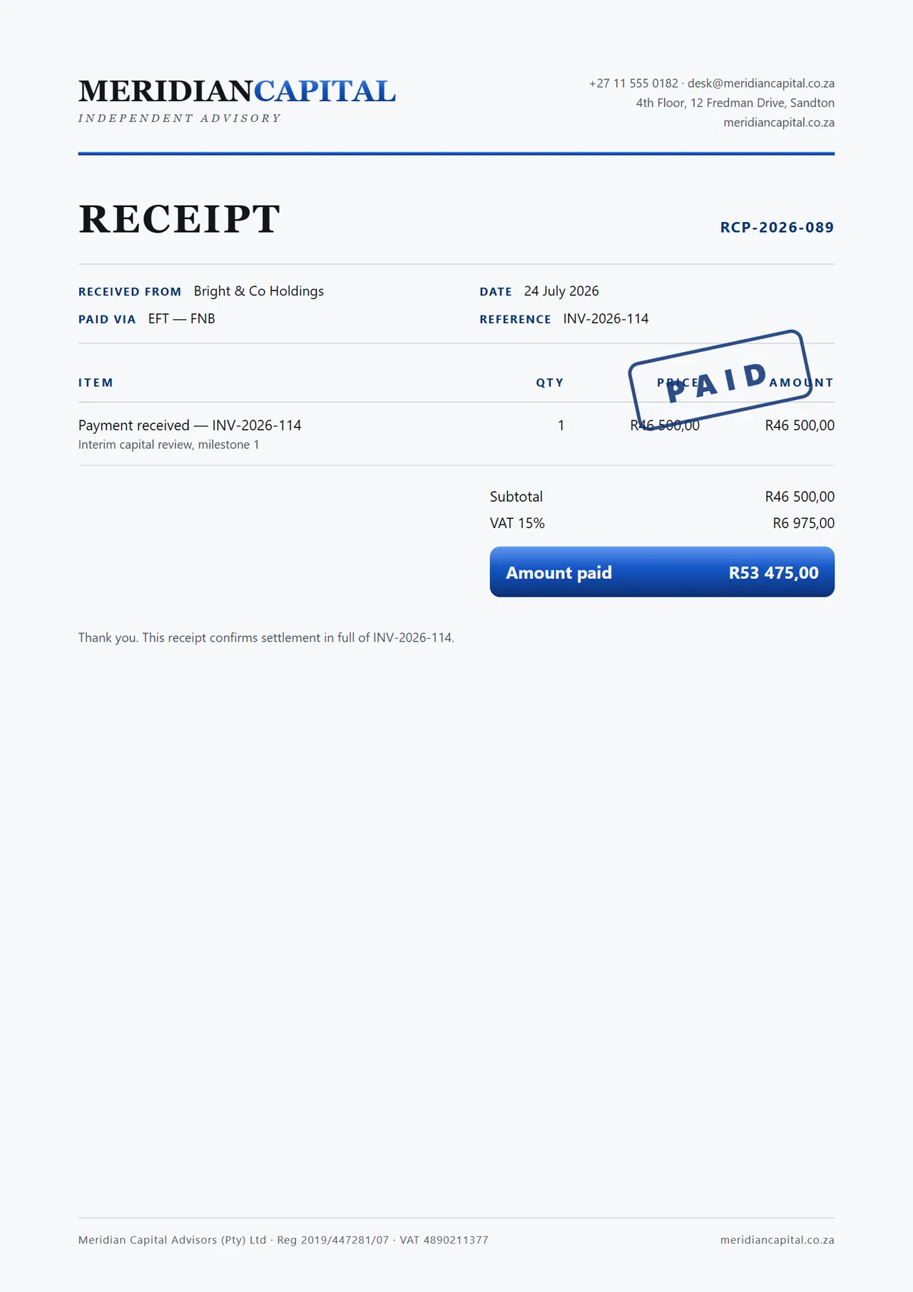 The receipt, PAID stamp built in