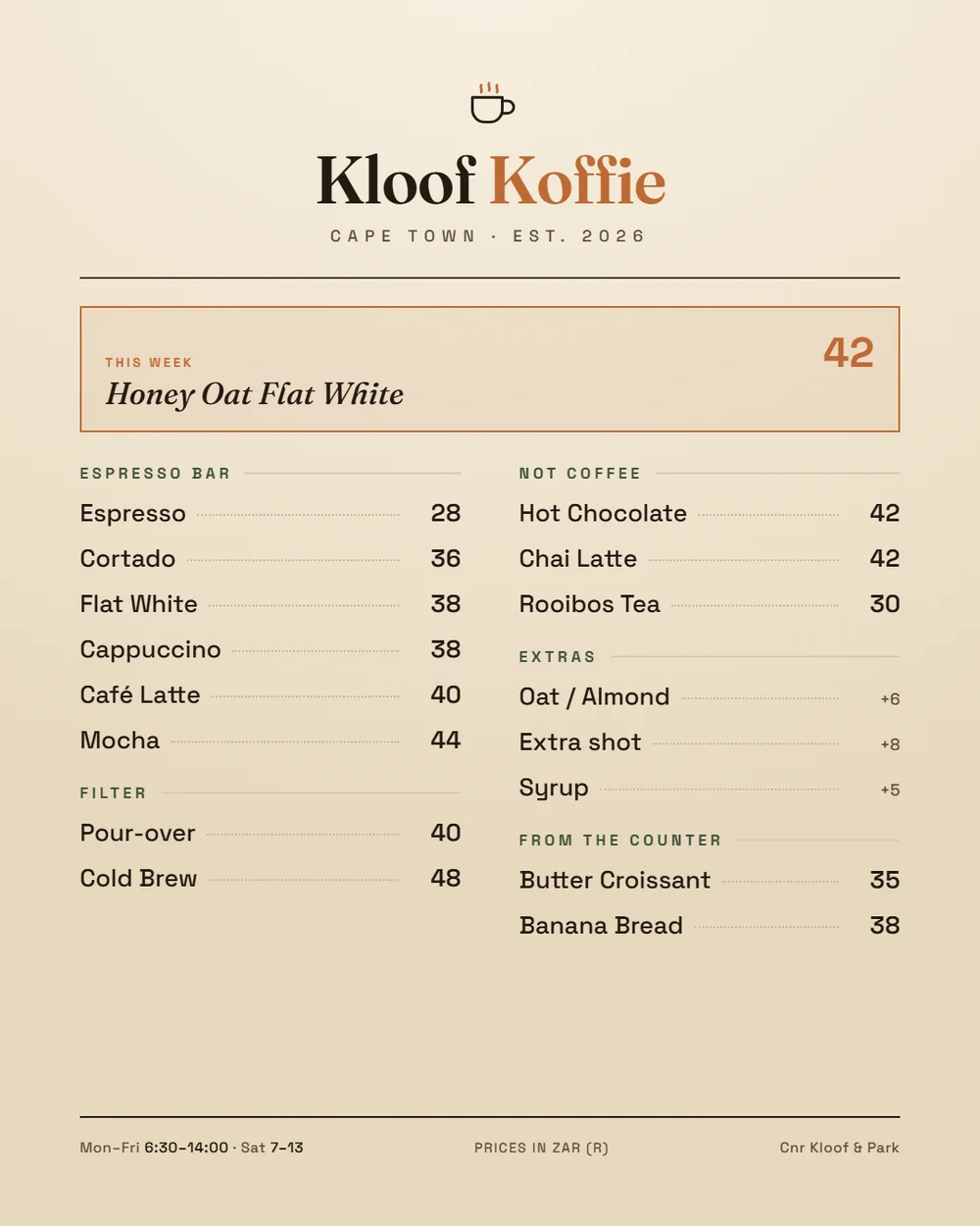 The menu board — re-typed weekly, never redesigned