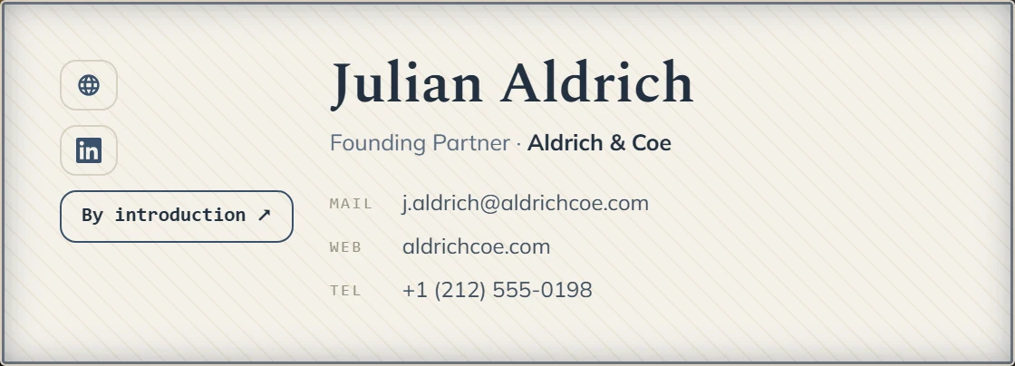 Julian Aldrich — signature card built in the studio