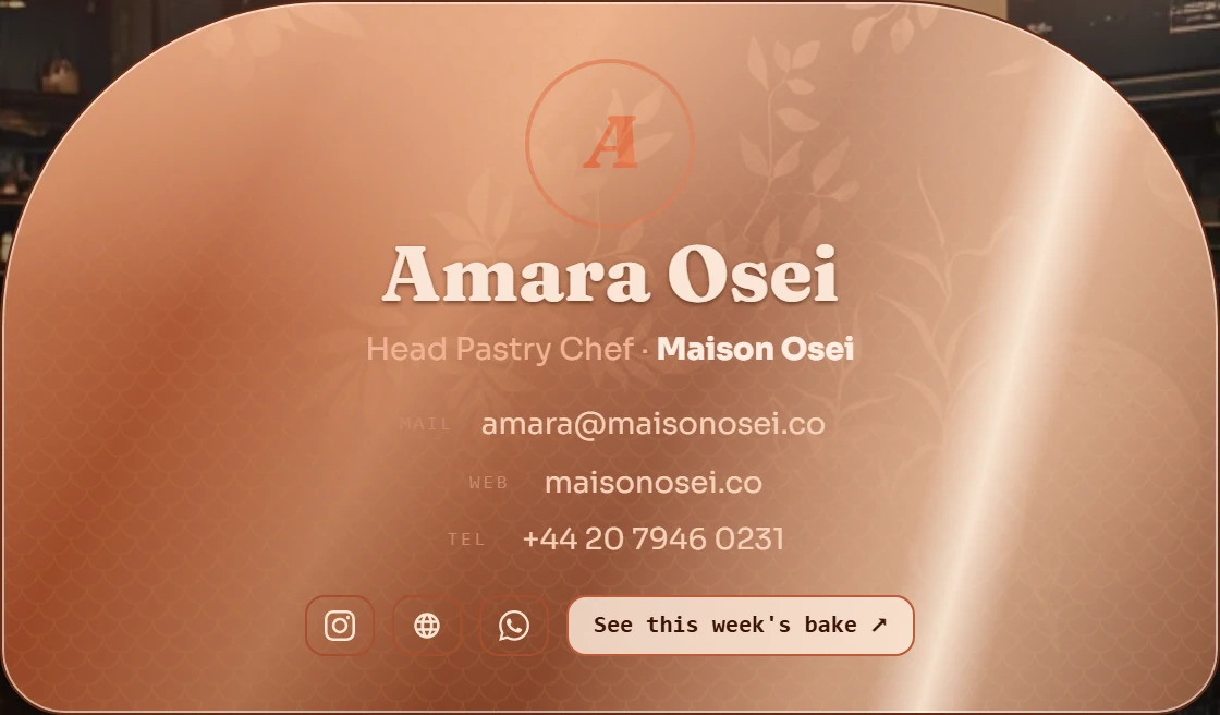Amara Osei — signature card built in the studio