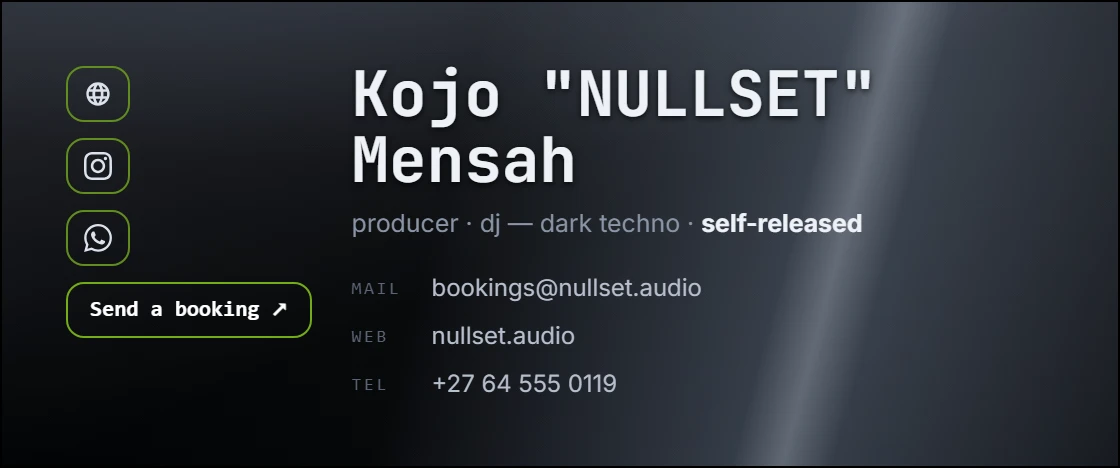 Kojo “NULLSET” Mensah — signature card built in the studio