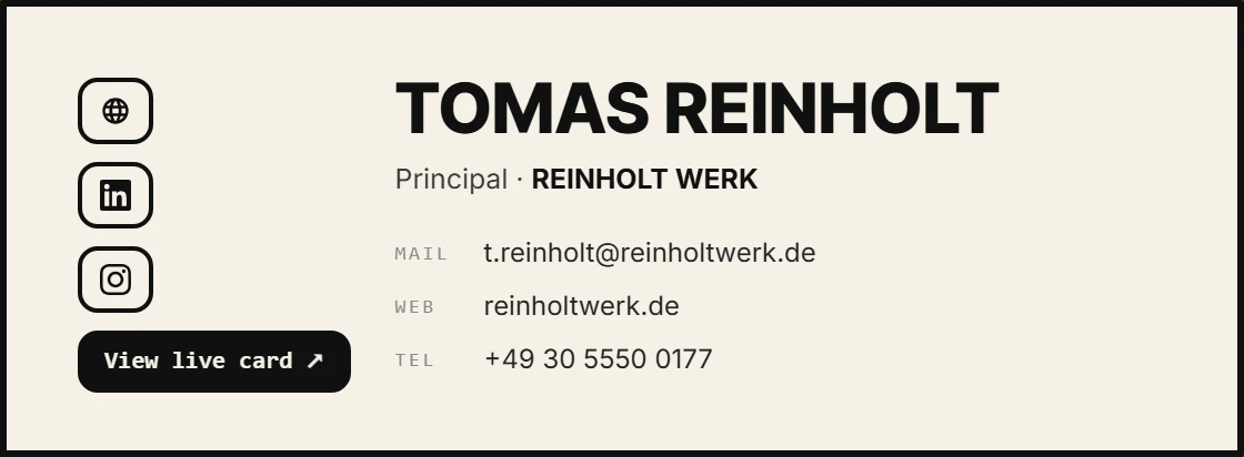 Tomas Reinholt — signature card built in the studio