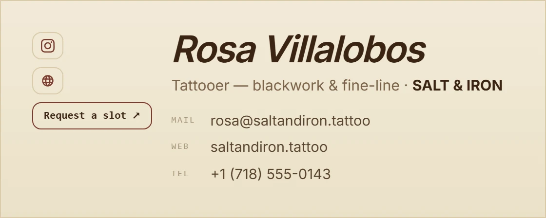 Rosa Villalobos — signature card built in the studio