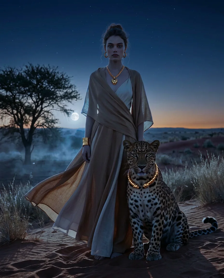 The Companions — Two equals, one gold. A woman and a leopard hold the red dune ridge — her Panthère necklace and his collar catching the same light.