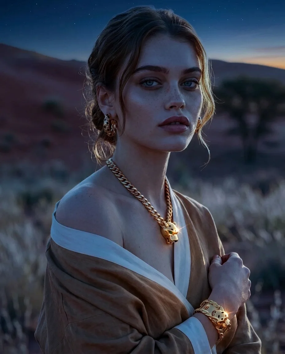 The Mirror — Her stillness, worn close. The wrap slips one shoulder; the pendant sits at the collarbone, the cuff at the wrist. Nothing performed.