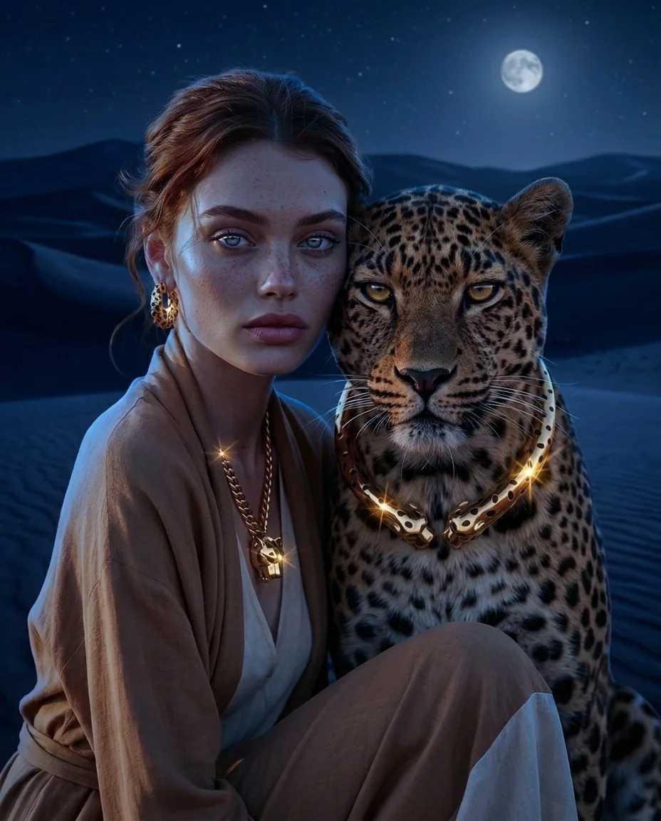 Cheek to Cheek — Trust between two predators. Her face beside his, both to camera — twin catchlights, her grey-blue eyes and his amber. Never tame.