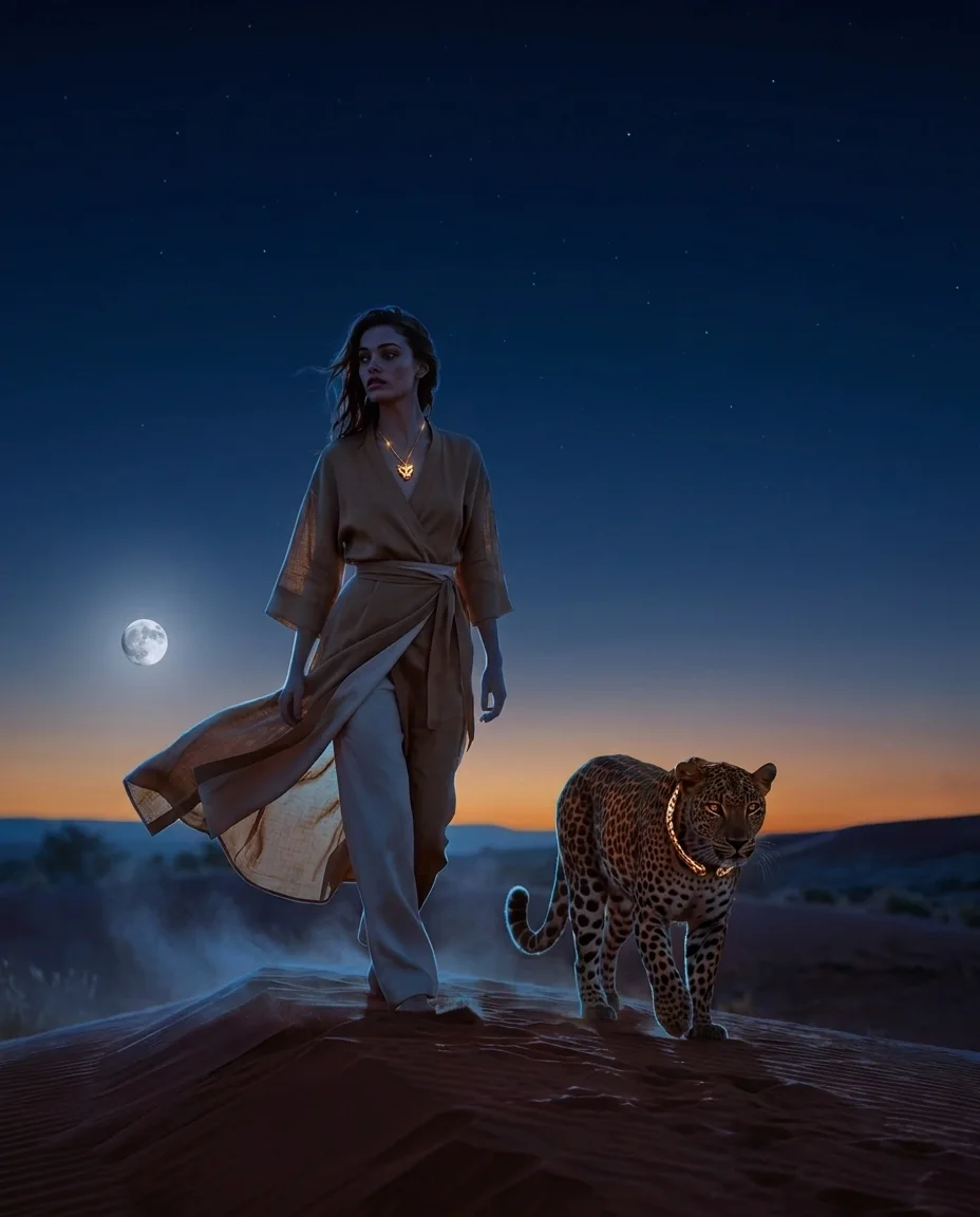 They Walk On — She takes the ridge, the leopard a step behind, into a sky built for the wordmark. The myth, walking away from you. Buy it.