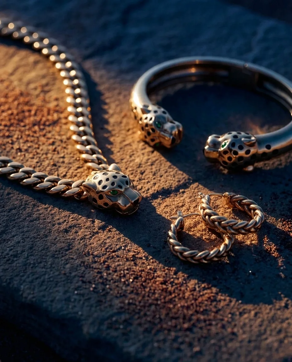 The Parure — The full suite on honed sandstone dusted with Kalahari sand — necklace, twin-panther cuff, braided hoops. One raking specular per stone.