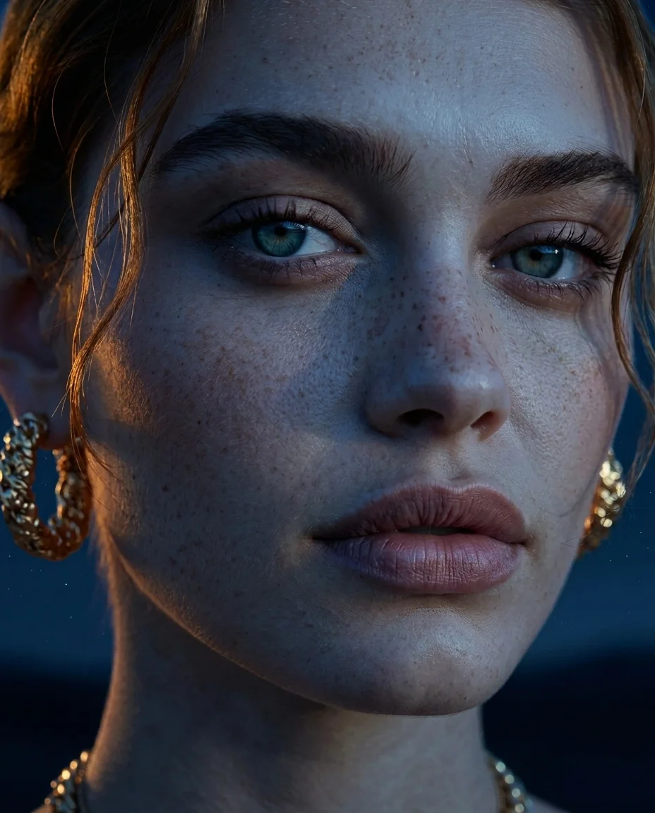 The Face — Freckles kept, nude-rose lip, a braided gold hoop. The face card — identity, un-retouched.