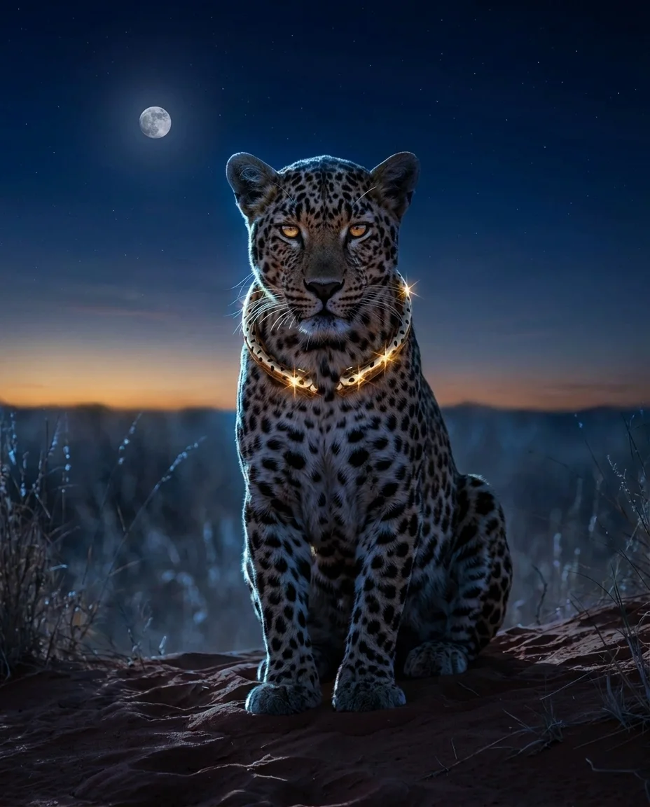 The Leopard — The house spirit alone on the dune, gold Panthère collar, a direct amber gaze. Her equal — not her pet.