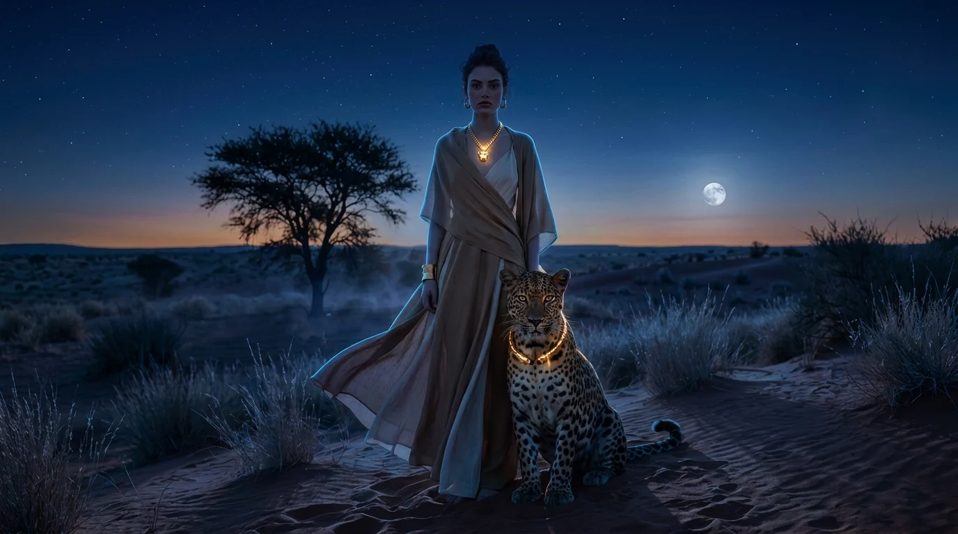 Aurelle and the leopard on a red Kalahari dune, both wearing the gold Panthère parure