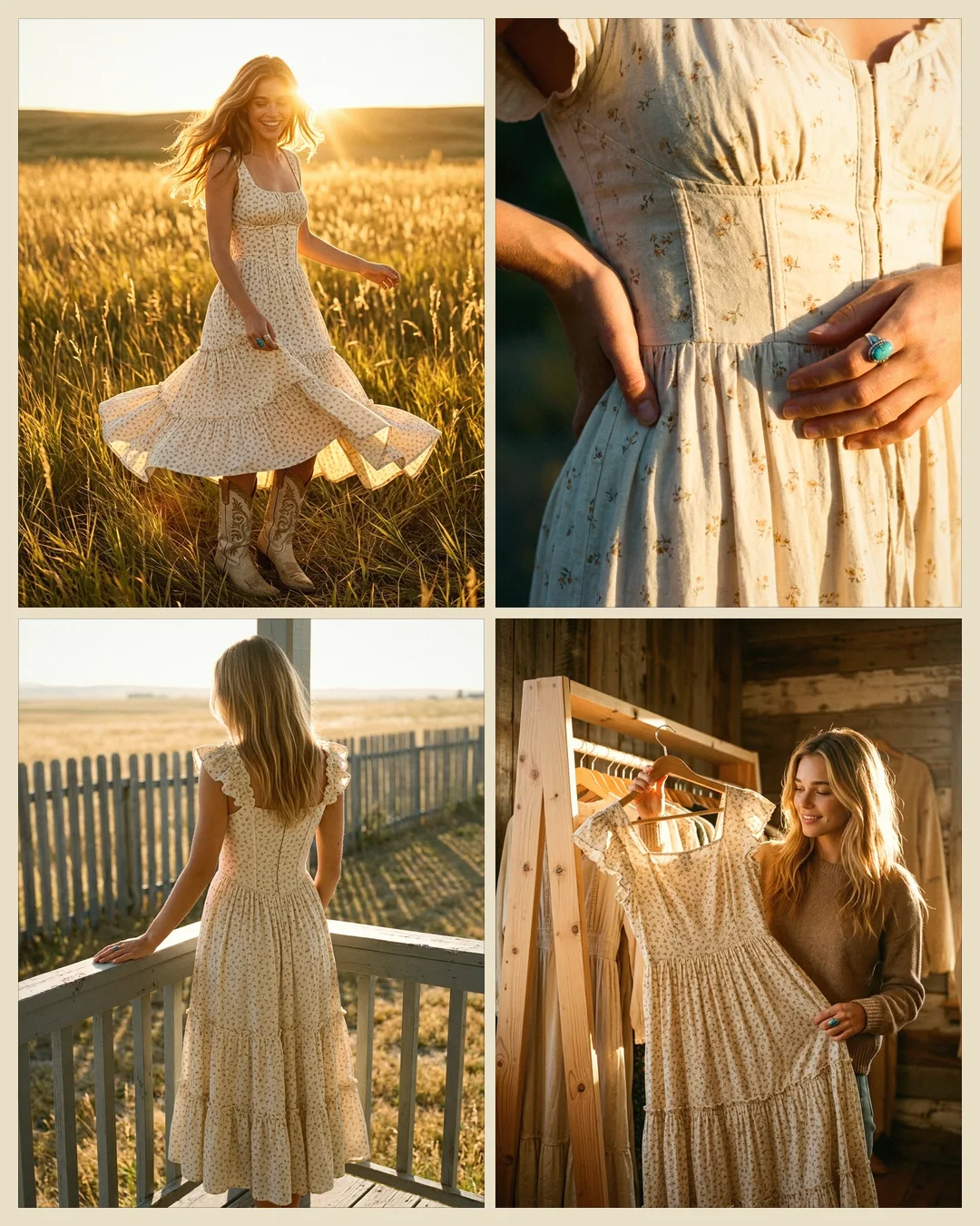 Four studies of the prairie dress — in motion, fabric macro, the back, and on the rack