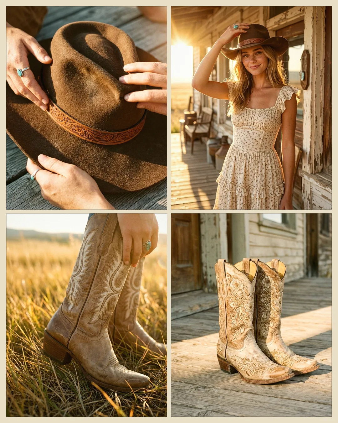 Four studies across the hat and boots — felt detail, the brim tip, boot macro, boots on the porch