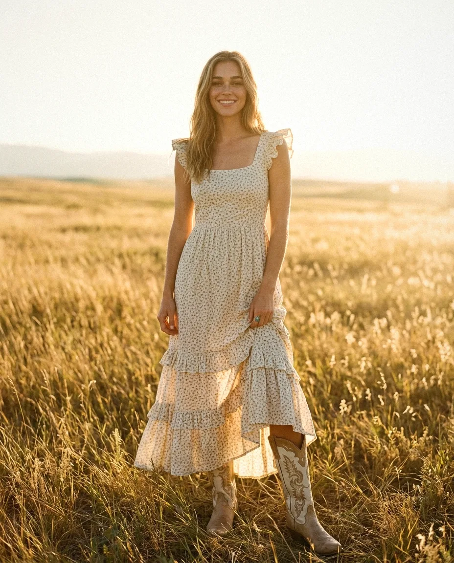 The Dress — a cream ditsy-floral cotton prairie maxi dress, fitted corset bodice with a modest square neckline and short ruffled cap sleeves, a long tiered ruffle skirt to the ankle, sun-faded florals, honestly vintage and lived-in