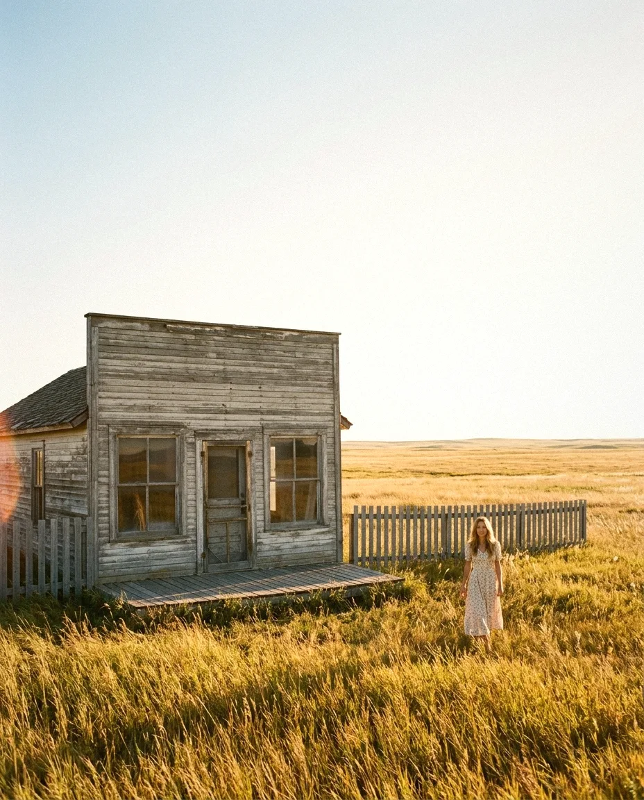 The Meadowlark storefront in golden Montana light — the wide establishing frame