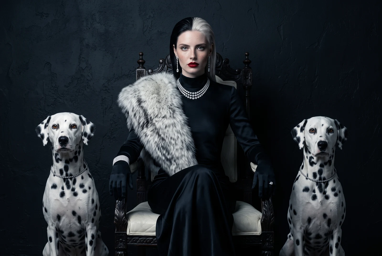 The Ivory Throne — She holds the room from a carved ivory chair, a dalmatian at each side in a matching diamond line-collar. The rivière high at the throat; the whole house language — woman and companions — wearing the same light.