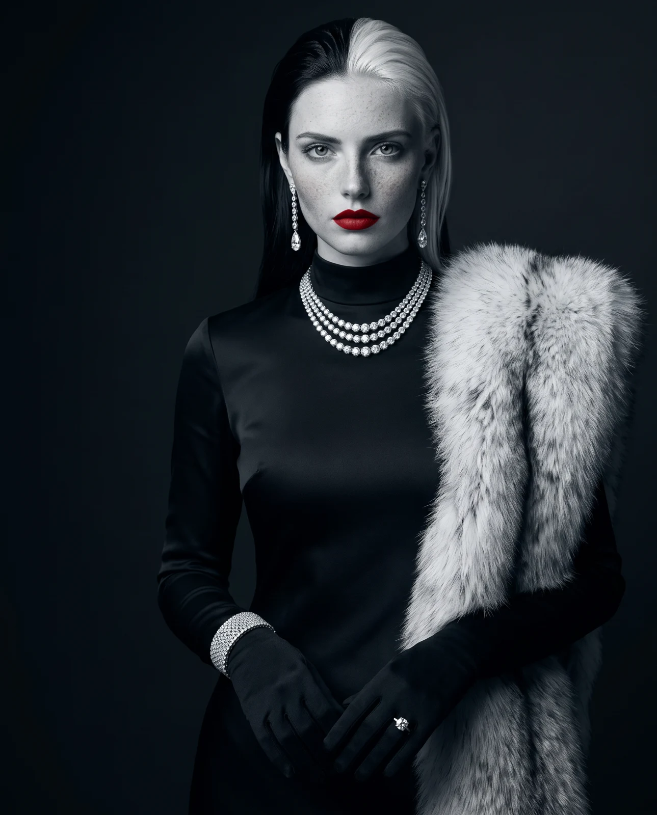 Two-Tone — The register, worn close. Jet-black meeting platinum-white down a hard graphic split, the rivière full at the throat, the drop earrings breaking the dark hair. A blood-red lip, the only colour on the skin.