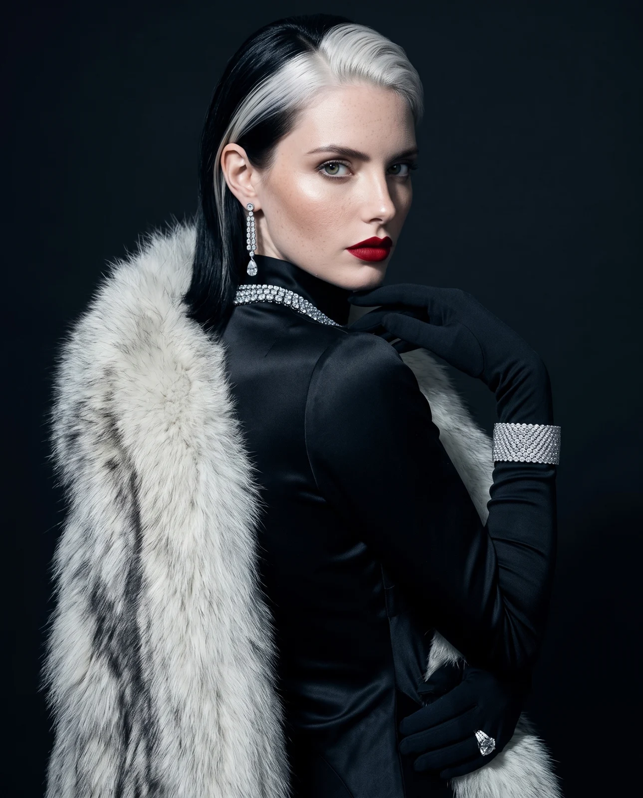 The Turn — She turns back over the fur shoulder, unbothered. One hard key, deep controlled shadow — and the diamonds flash out of the dark, harder and brighter than the lit cheek. Never explains herself.