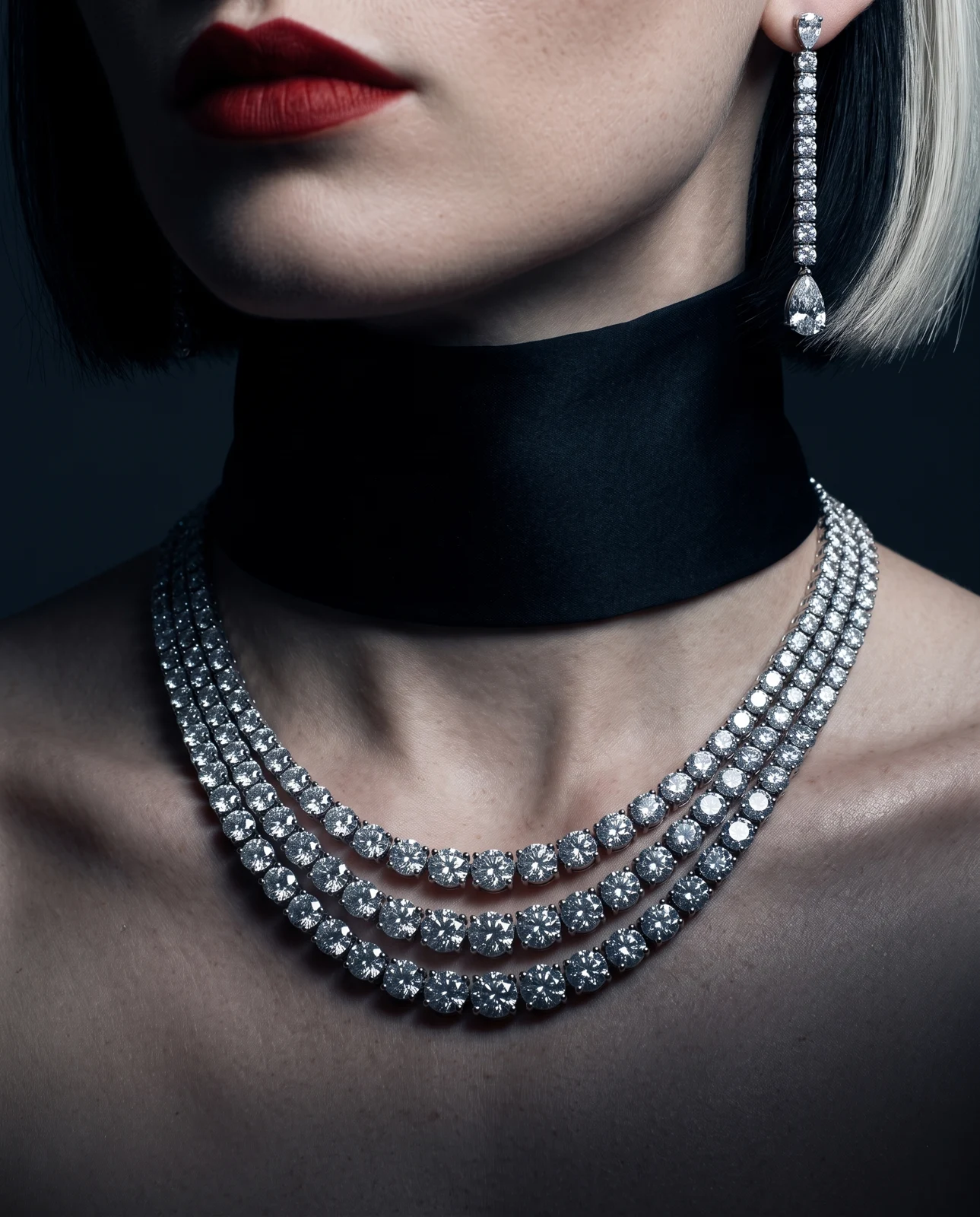 Le Rivière Vespère — The hero, at macro: a three-row diamond rivière close and high on the throat, every graduated brilliant a hard countable point of white fire, its facets and claws legible. Worn close, felt longer.