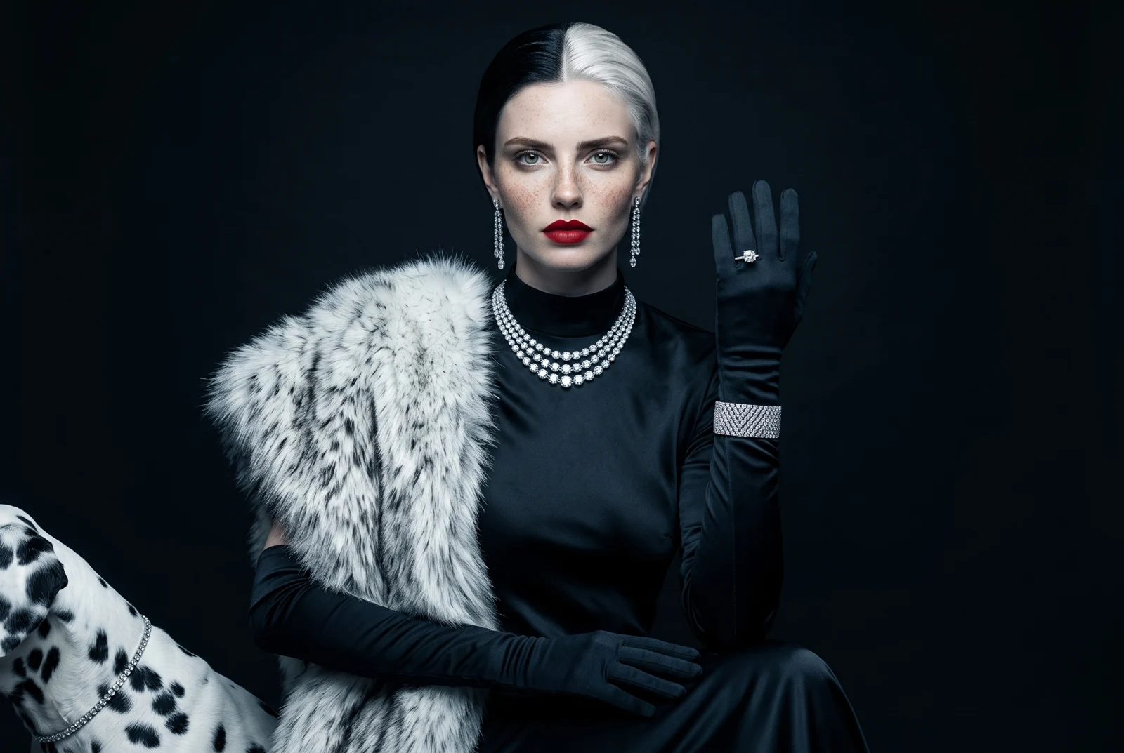 The Parure, Assembled — All five pieces read hero-legible in one frame — rivière, drops, pavé cuff, solitaire — the cuff raised to the light, a dalmatian answering at the edge in its line-collar.