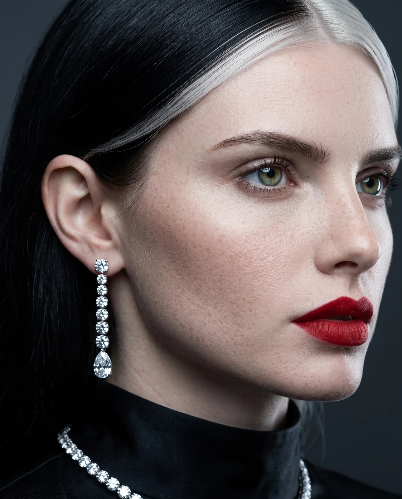 Le Rouge — The face card. The hard hair split, the matte blood-red lip, a single diamond drop swinging at the jaw. Freckles kept, un-retouched — identity, not a mask.