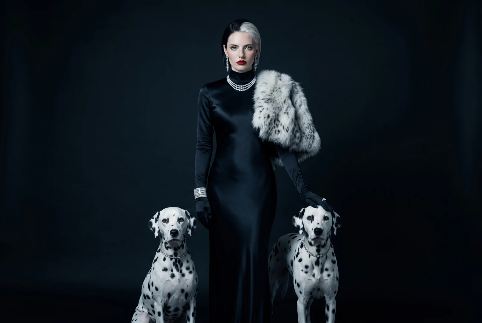 Heel — Two dalmatians at heel, one under her gloved hand, both in diamond line-collars that repeat the rivière. Her equals, not her pets — the maison’s diamonds tripled in one frame.