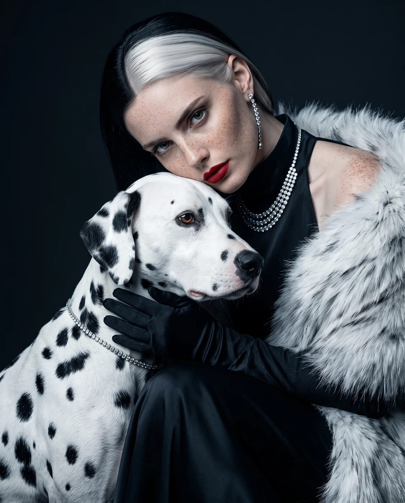 The Confidante — She keeps it close. A gloved hand at the dalmatian’s chest, her cheek inclined to its head — the only tenderness she shows anyone. The same diamonds on both of them, the same light.