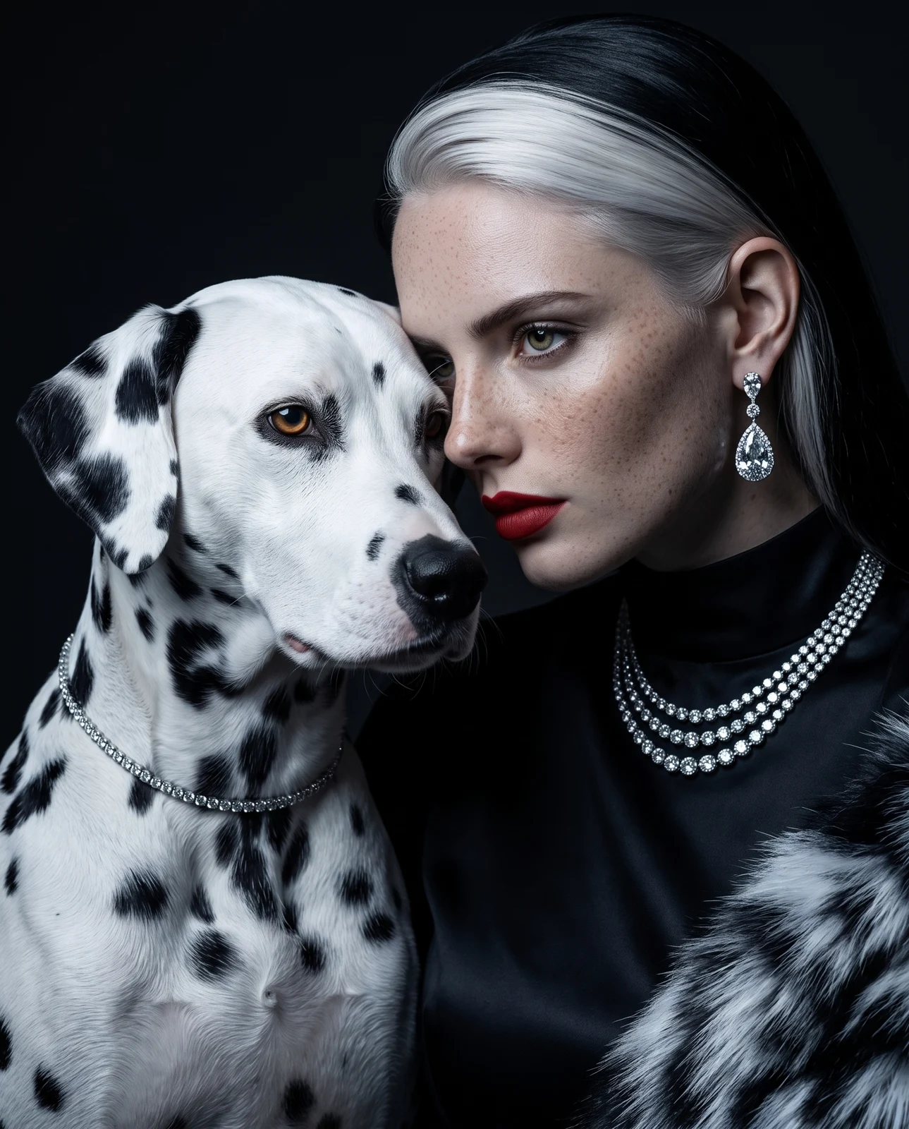 Cheek to Muzzle — Face to muzzle, both to the lens — her red mouth and his amber eye, twin gazes out of the dark. Trust, entirely on her terms.