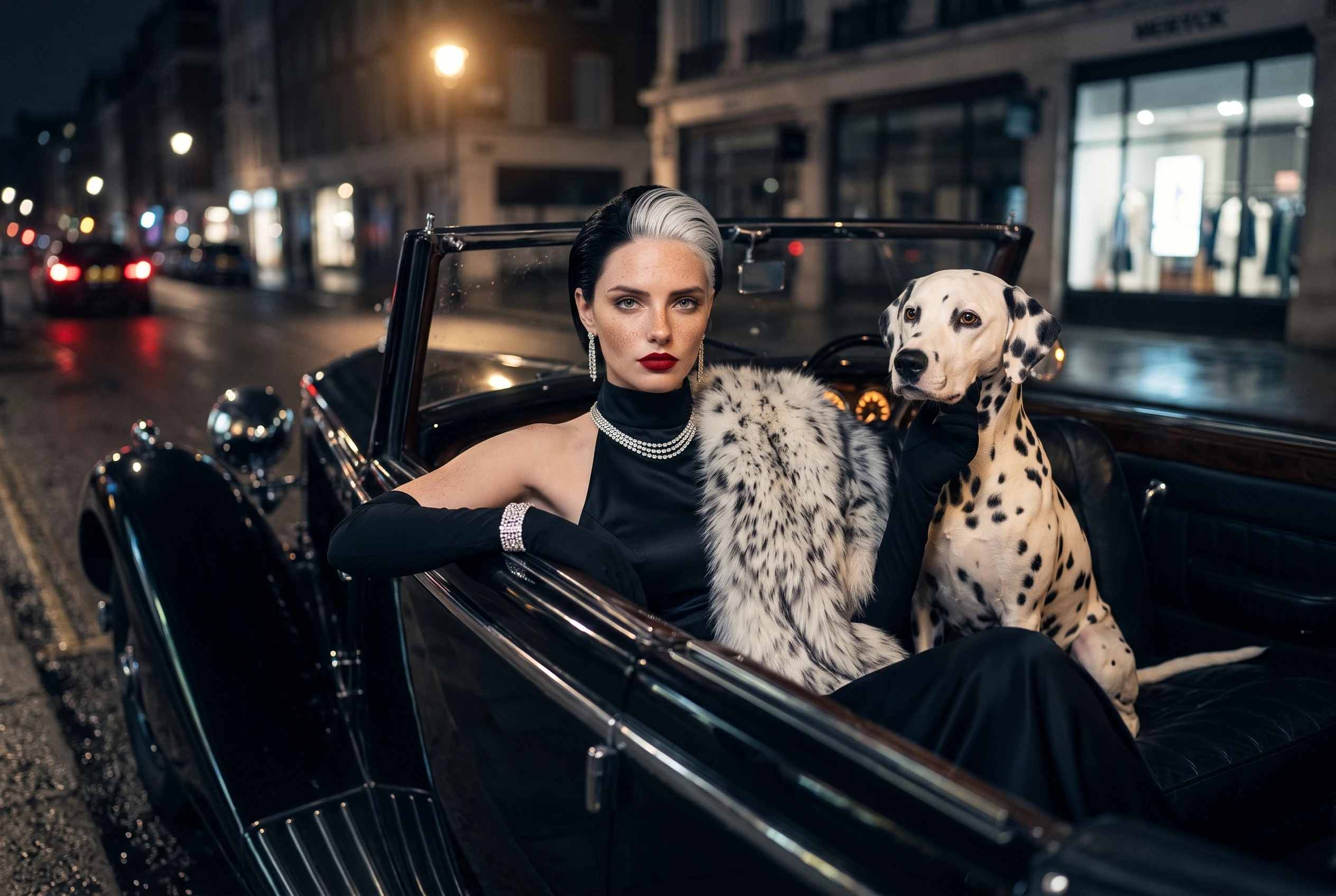 The Motorcar — Midnight down Mayfair, in the back of a black cabriolet, a dalmatian at my shoulder. I arrive late — on purpose. The dark does the announcing.