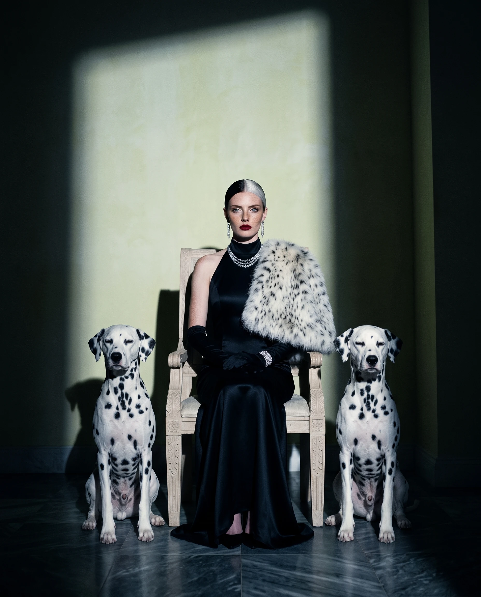 The Salon — By the one light, the chair that was always mine, two dalmatians at my feet. Keep your composure; let them lose theirs.